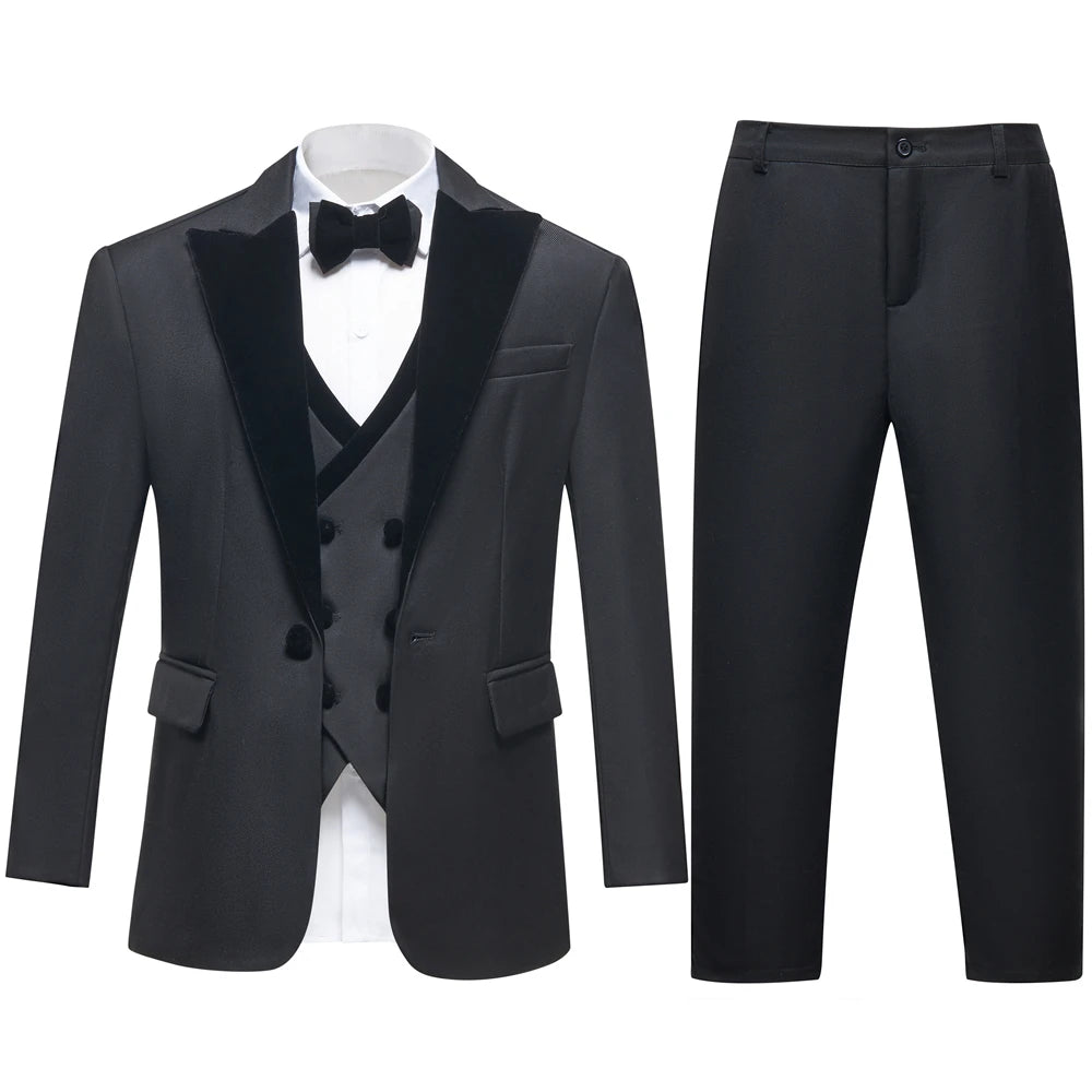 2025 Hotest Boys Formal Suit Set with Velvet Collar - One Button Blazer Vest Pants Bowtie - 3-14 Years Kids Graduation Tuxedo