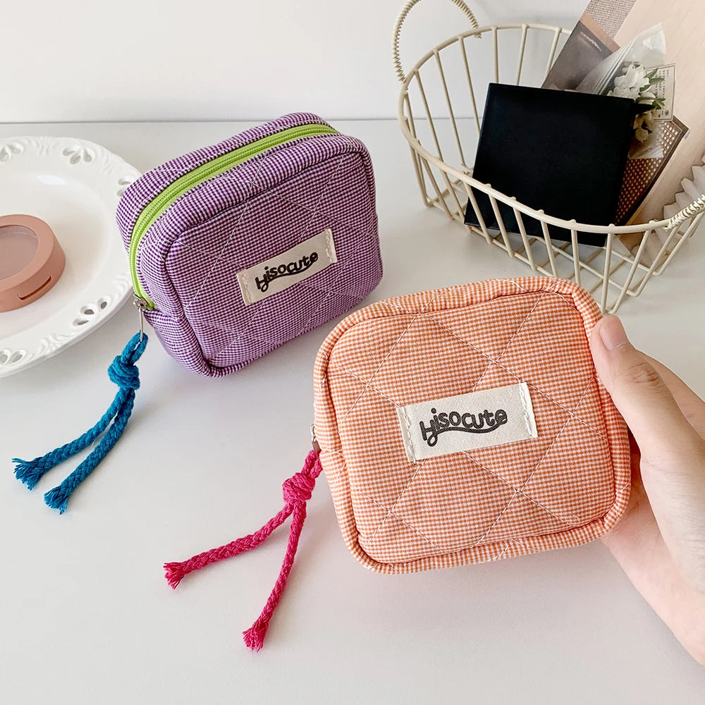 Ins Style Plaid Mini Coin Purse Portable Cosmetic Storage Bag Lady's Lipstick Bag and Card Holder Kawaii Tofu Pillow Bag