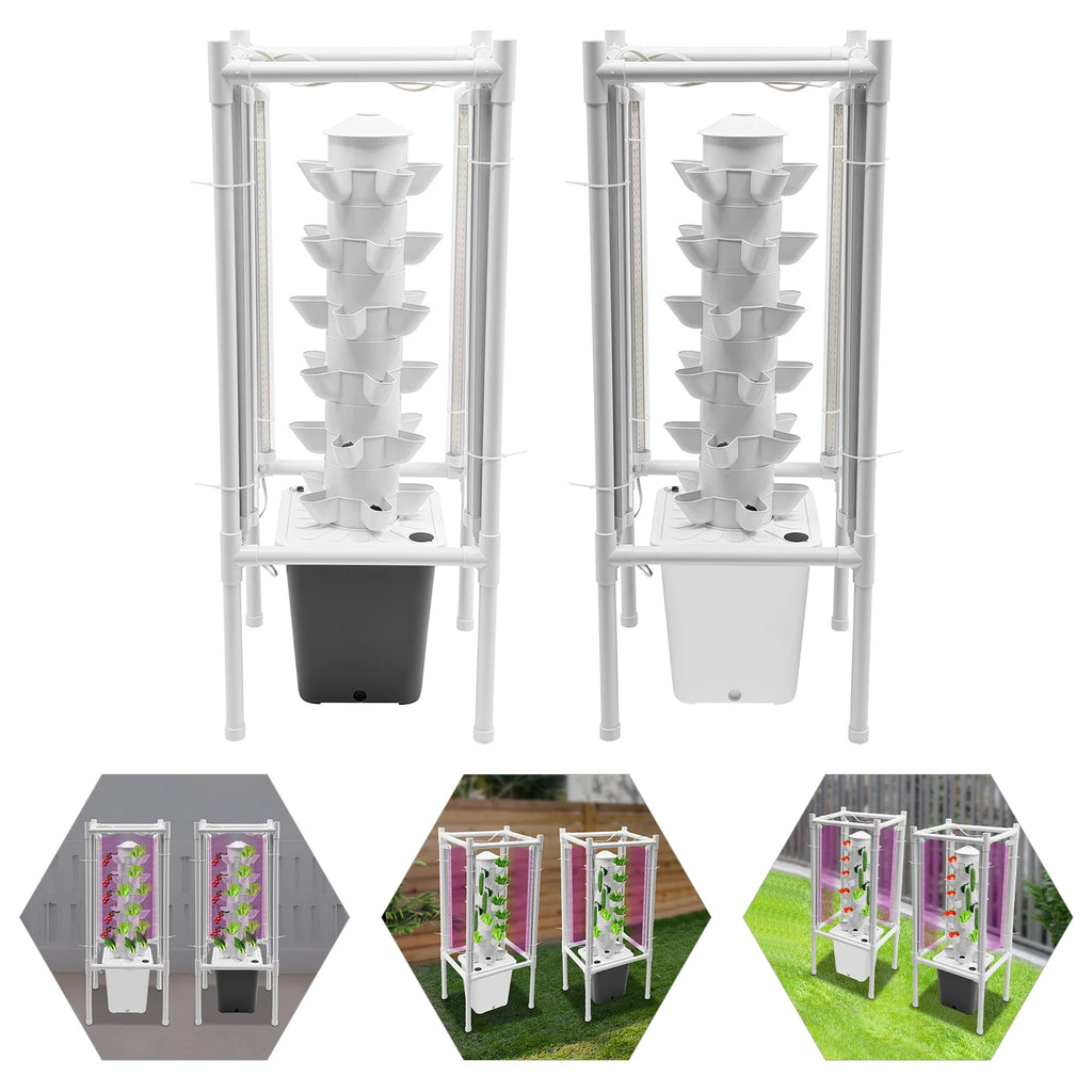 6-Tiers 30 Planting Holes Hydroponics Vertical Growing Kit, Tower Standing Soilless Vegetable Grower with LED & Water Tank