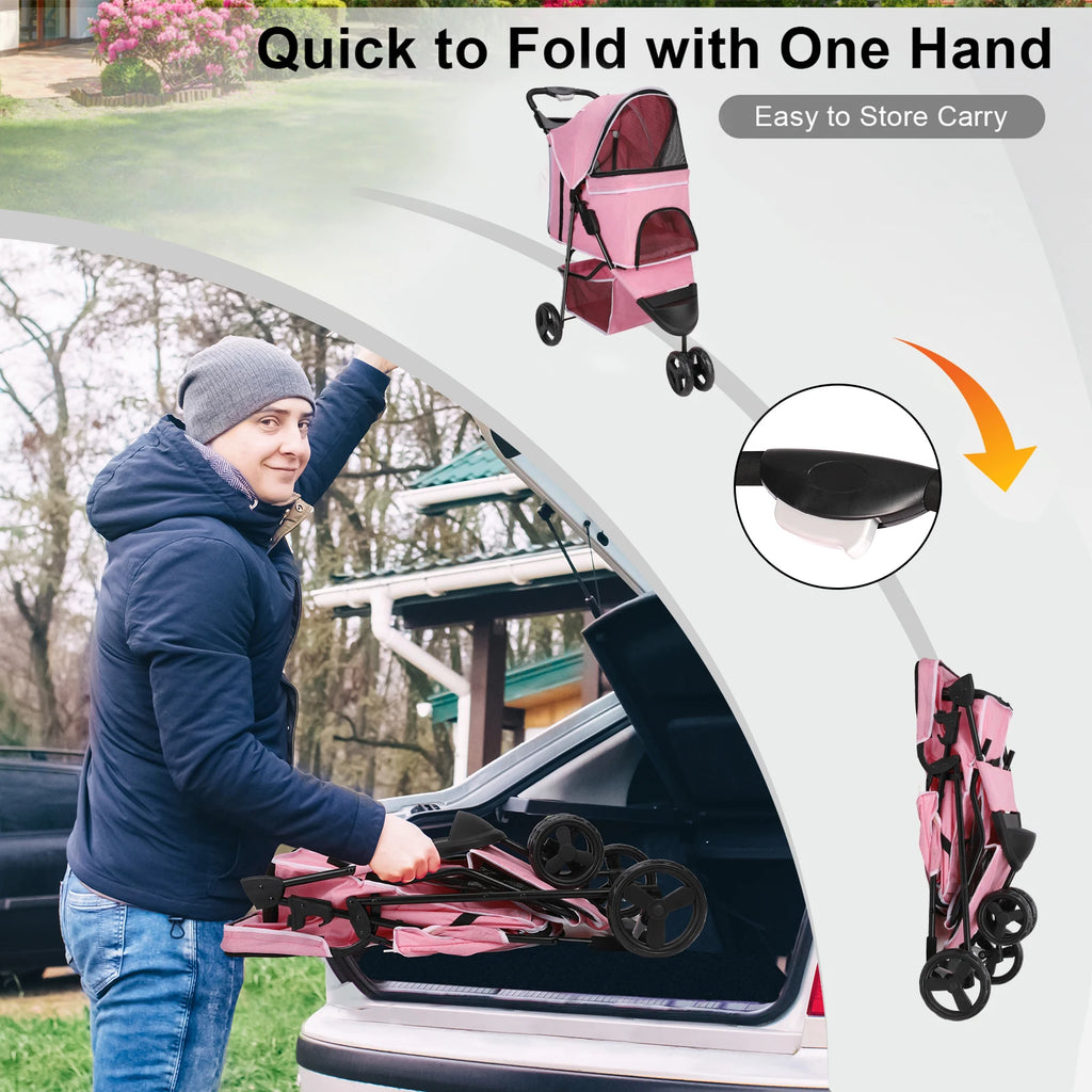 carreola para mascotas perro 3 Wheel Foldable Cat Dog Stroller with Storage Basket, Handle 360° Pet Dog Stroller - Firu Total Sales