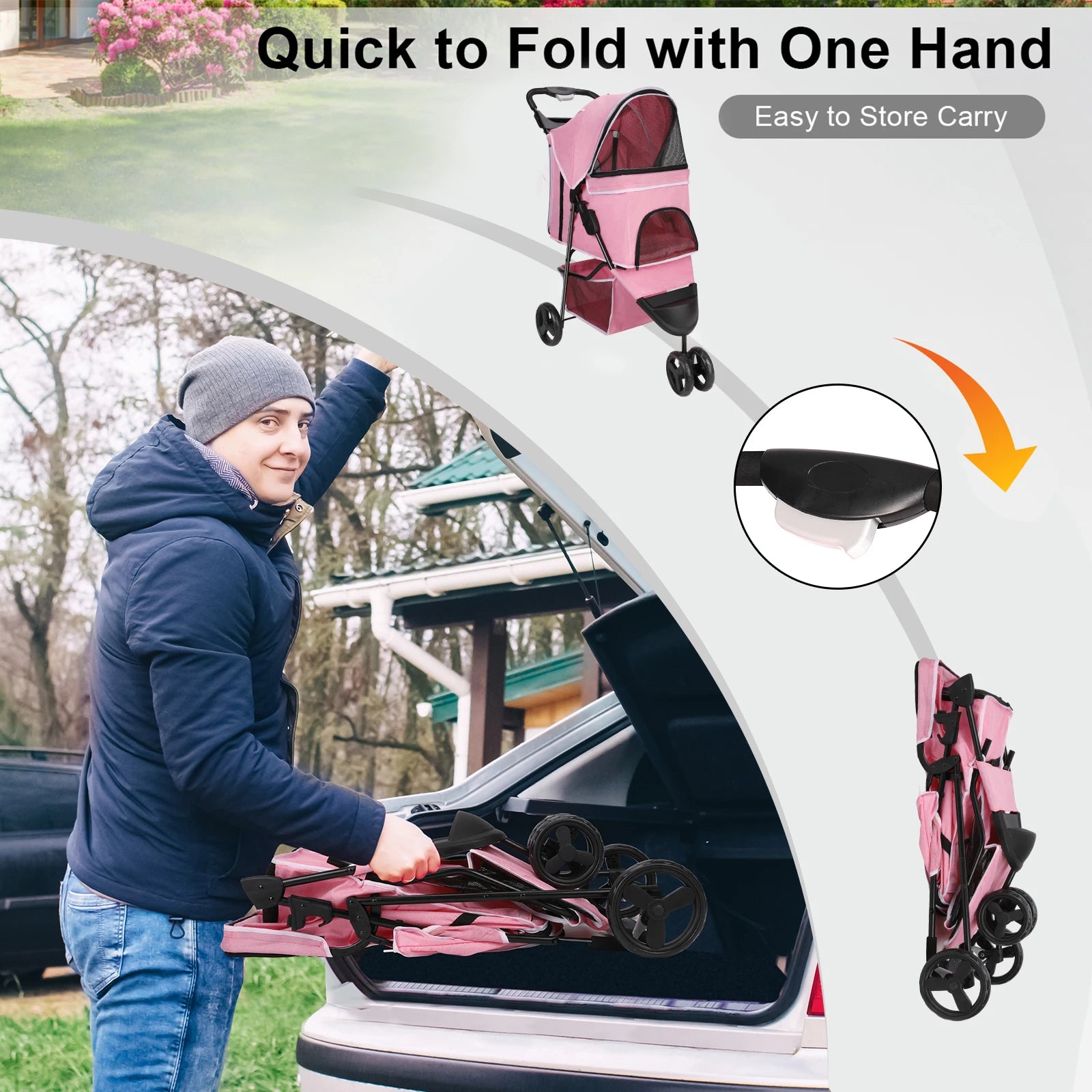 carreola para mascotas perro 3 Wheel Foldable Cat Dog Stroller with Storage Basket, Handle 360° Pet Dog Stroller - Firu Total Sales
