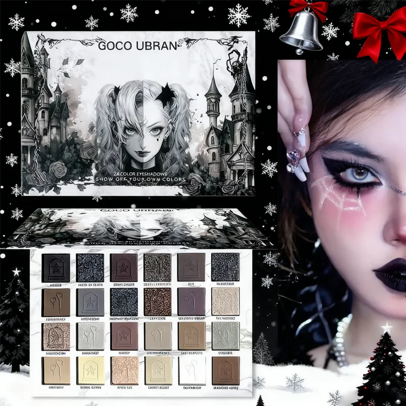 24-Color Dark Elf Eyeshadow Palette, Gothic Vampire Style Makeup Set, High-Pigment Shimmer/Glitter Eye Makeup, Christmas Gift