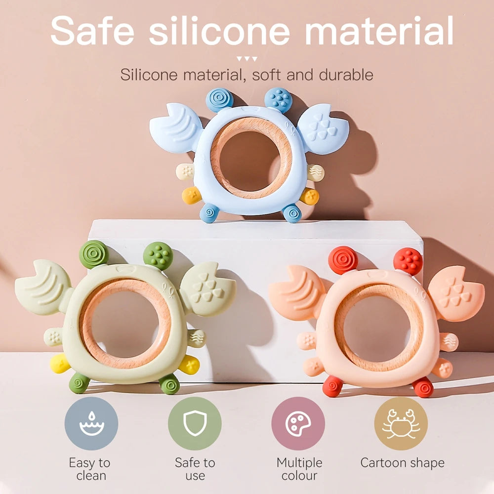 Crab Silicone Teether with Wooden Ring — BPA Free | Baby 0-6 Months