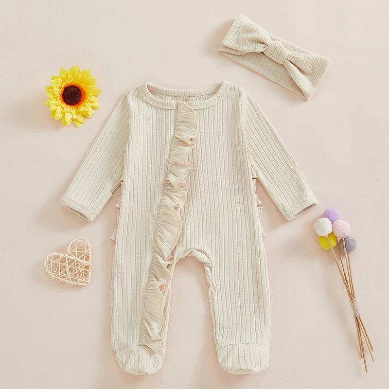 Mameluco de Otoño para Bebé Niña | Volantes + Diadema + Pies Cubiertos