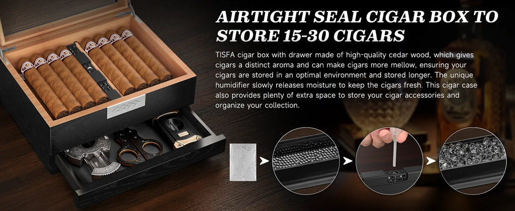 Cigar Box Humidor with Hygrometer and Humidifier, Cedar Wooden Case with Drawer, Divider, Length Gauge, Desktop Humidor Box Gift