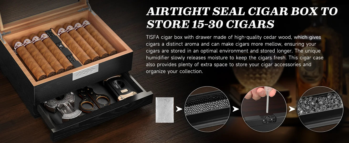 Cigar Box Humidor with Hygrometer and Humidifier, Cedar Wooden Case with Drawer, Divider, Length Gauge, Desktop Humidor Box Gift