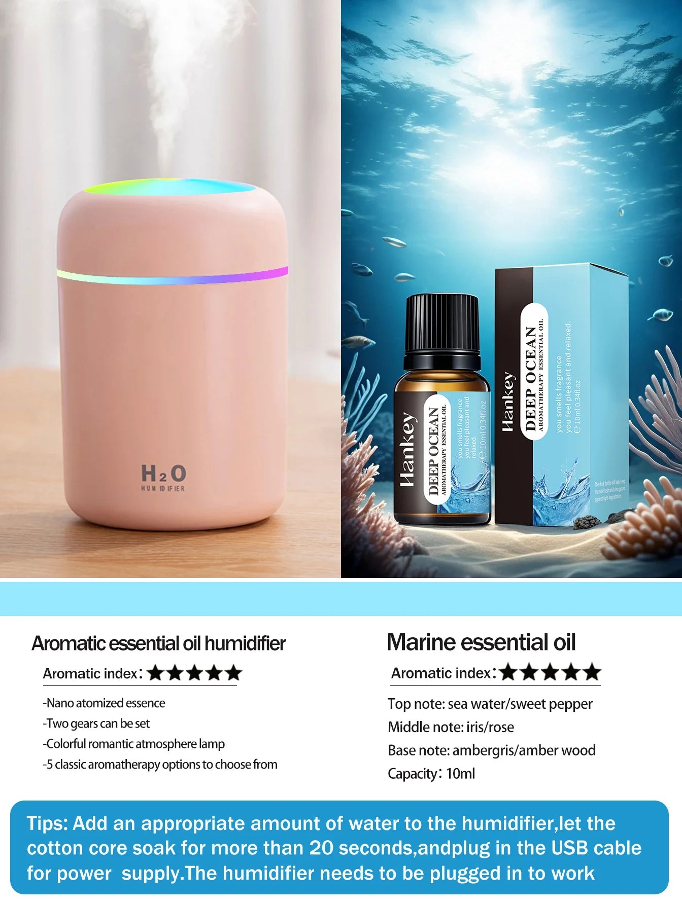 Difusor Aromaterapia 300ML | Purificador de Aire | Luz 7 Colores | Auto y Hogar 🌿