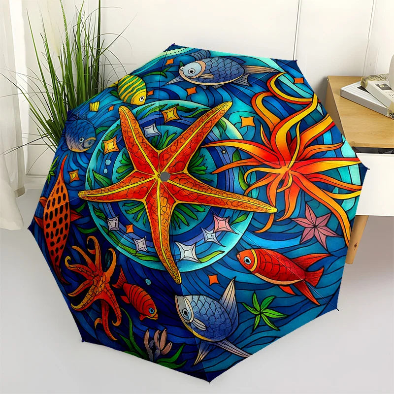 Underwater Paradise Umbrella - Automatic Open/Close, Compact 3-Fold Travel Umbrella with Marine Life Design (Starfish, Tropica