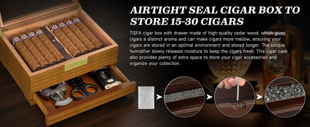 Cigar Box Humidor with Hygrometer and Humidifier, Cedar Wooden Case with Drawer, Divider, Length Gauge, Desktop Humidor Box Gift