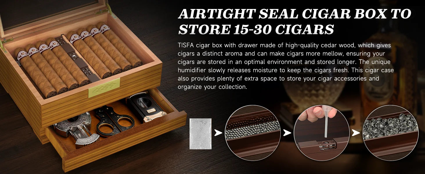 Cigar Box Humidor with Hygrometer and Humidifier, Cedar Wooden Case with Drawer, Divider, Length Gauge, Desktop Humidor Box Gift
