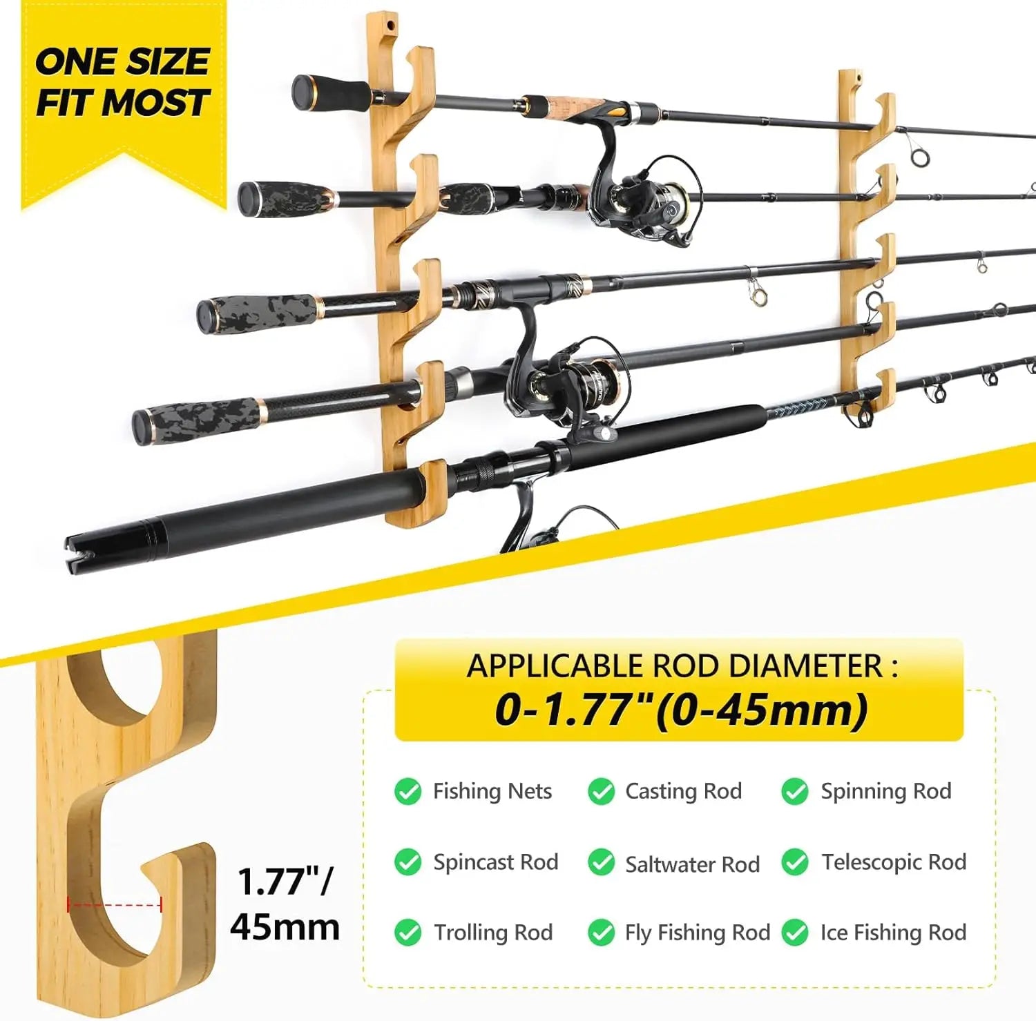 Horizontal Fishing Rod Holder for Garage, Wall or Ceiling Mounted Rack, Solid Wood Holds up to 20 Rods or Combos