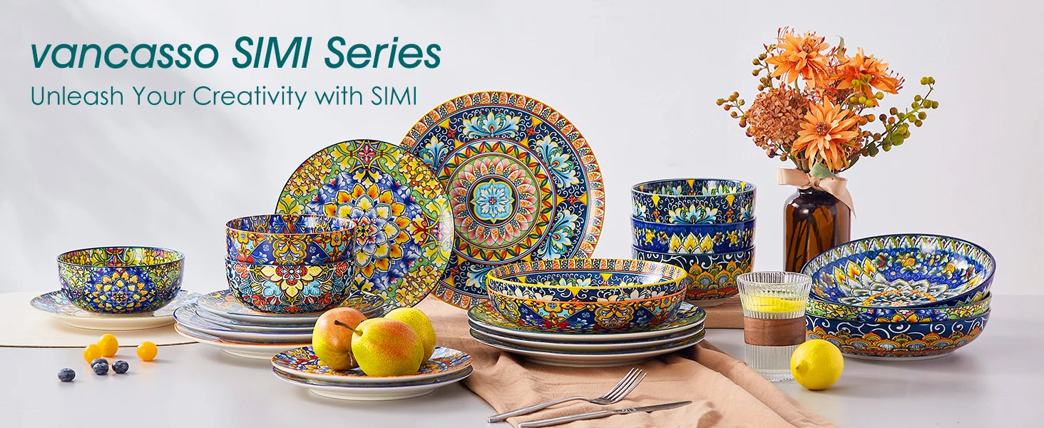 vancasso 24 Piece Dinnerware Sets Bohemian Style Porcelain Ceramic Plates Set with 6PCS Dinner Plate/Dessert Plate/Soup/Bowl