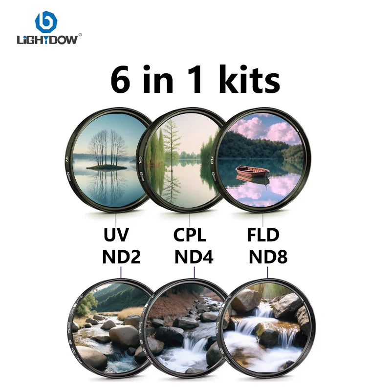 Lightdow UV+CPL+FLD+AND 2 4 8 Camera Lens Filter 6 in 1 Kits 49-82mm Kit for Cannon Nikon Sony Camera Lens USA ES Free Shipping