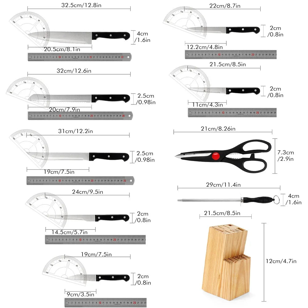 ZENG Full 15pcs Chef Knife Set Stainless Steel Kitchen Knives Sets with Scissors,Sharpening Rod,Solid Wood Holder Cooking Tool