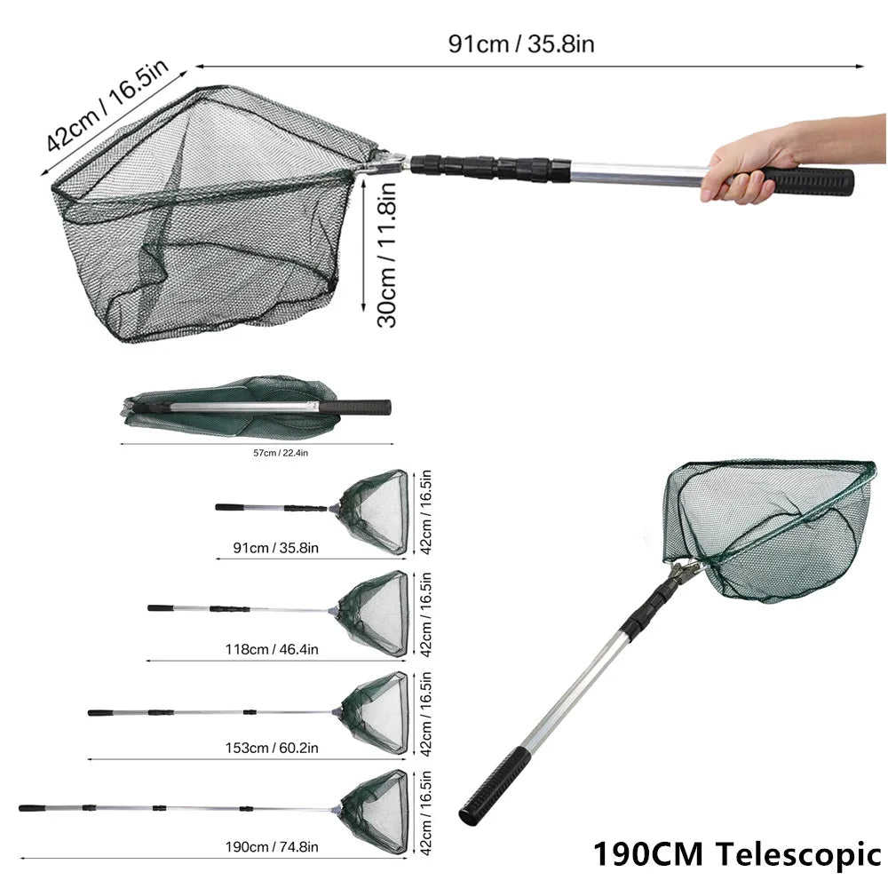 Collapsible Fishing Landing Net with Telescoping Pole Handle Extend to 190cm 100cm 80cm Fishing Net For Saltwater Freshwater
