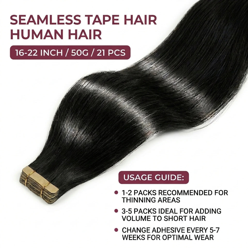 Seamless Invisible Straight Tape in Hair Extensions 100% Human Hair Brazilian Natural Black 16-22 Inch Skin Weft Tape Human Hair