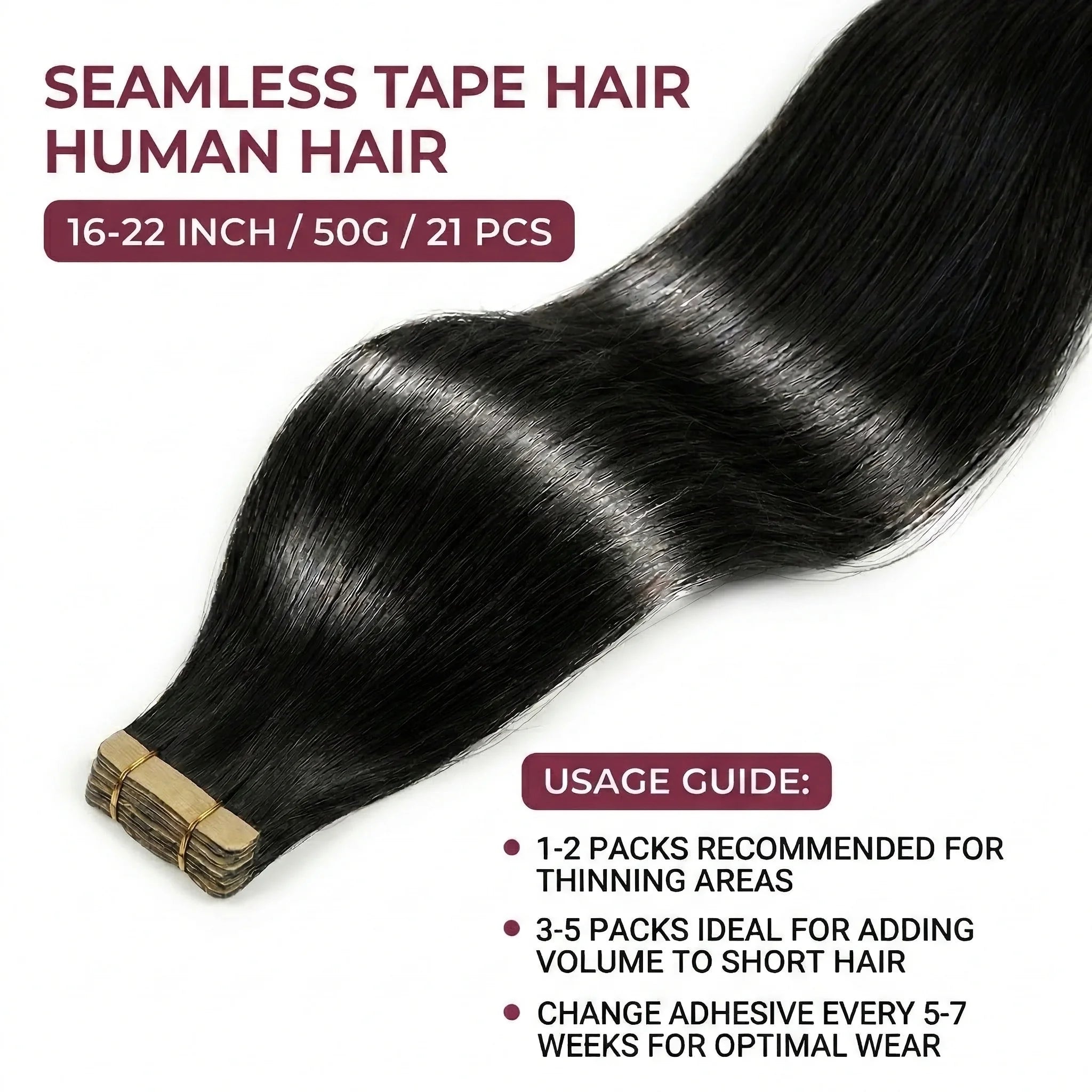 Seamless Invisible Straight Tape in Hair Extensions 100% Human Hair Brazilian Natural Black 16-22 Inch Skin Weft Tape Human Hair