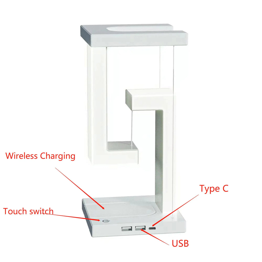 Floating Desk Lamp with Wireless Charger | USB Output | iPhone Charging Dock | Bedside Table Lamp