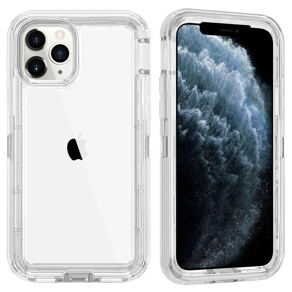For iPhone 16 15 14 13 12 11 Pro Max XS XR 8 7 Plus 3 IN 1 Clear Heavy Shockproof Phone Case Hybrid PC+TPU Cover With Belt Clip - Firu Total Sales