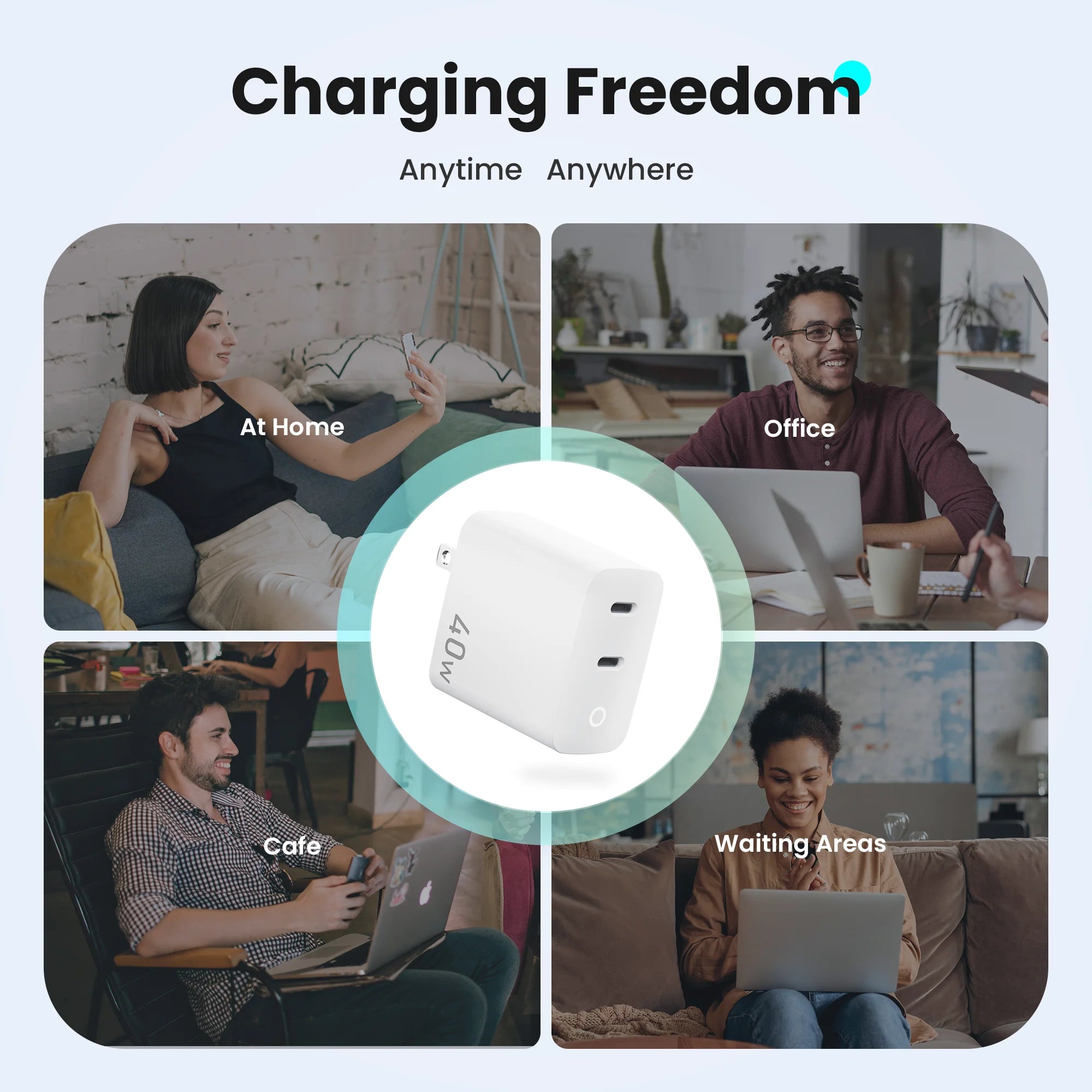 TOPADRE Cargador GaN 40W | 2 Puertos USB-C | Carga Rápida PD | Luz Indicadora | Cable 1m Incluido | iPhone y Android