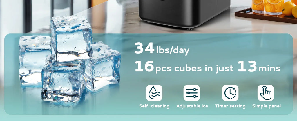 Máquina de Hielo Portátil EUHOMY | 15kg/24h | 9 Cubos en 6 Min | Autolimpiante