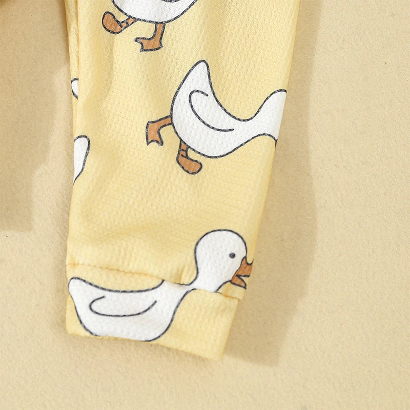Cute Toddler Unisex Autumn Apparel Set with Adorable Duck Pattern Sweatshirt and Cozy Waffle Texture Pants for Boys and Girls