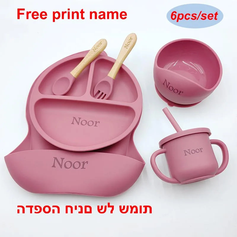 Set 6pcs Vajilla de Silicona para Bebé | Bol, Plato, Cuchara, Tenedor, Babero y Vaso 🍼