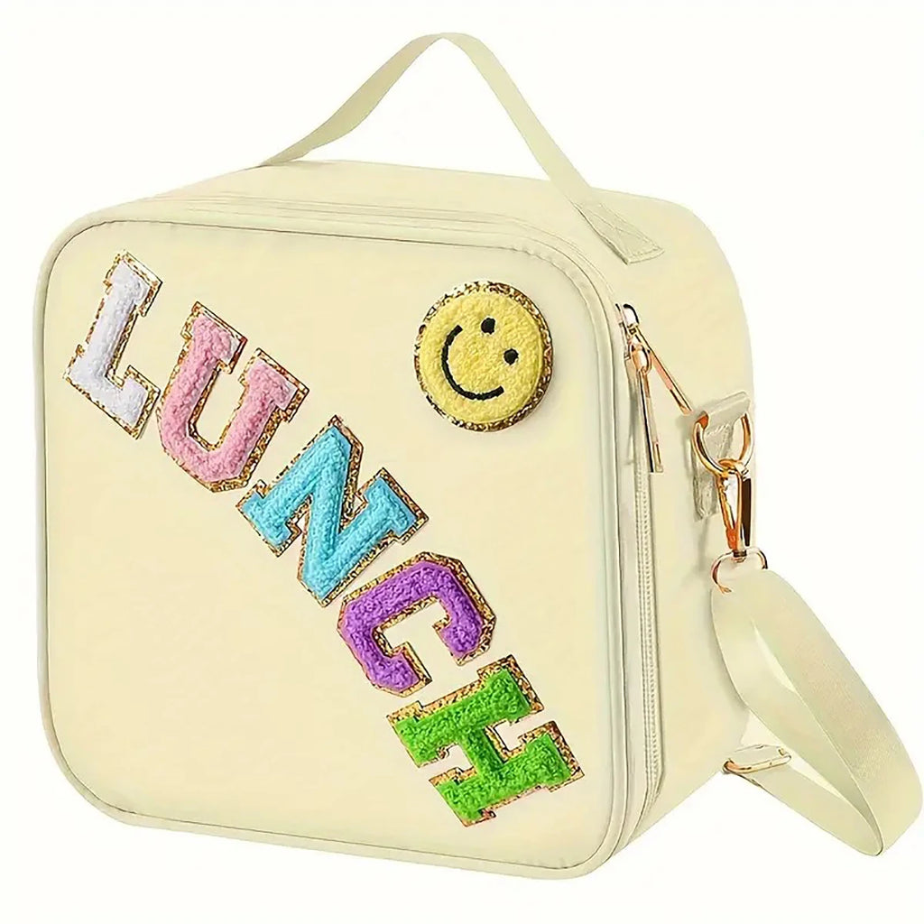 Adjustable Strap Insulated Lunch Bag, Nylon Lunch Box Insulated Bag, With Chenille Letter Patch Decor, For School Travel PicnicB