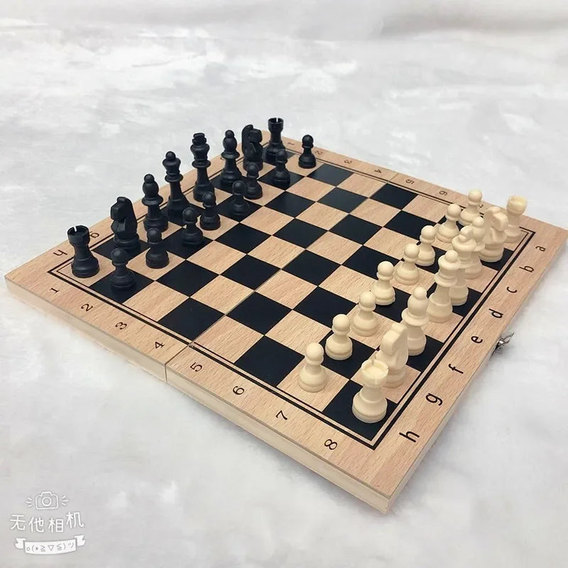 3in 1 Portable Travel Chess Checker Backgammon, Folding Storage Wooden Chess Set, International Checkers Board Game Kids Adults