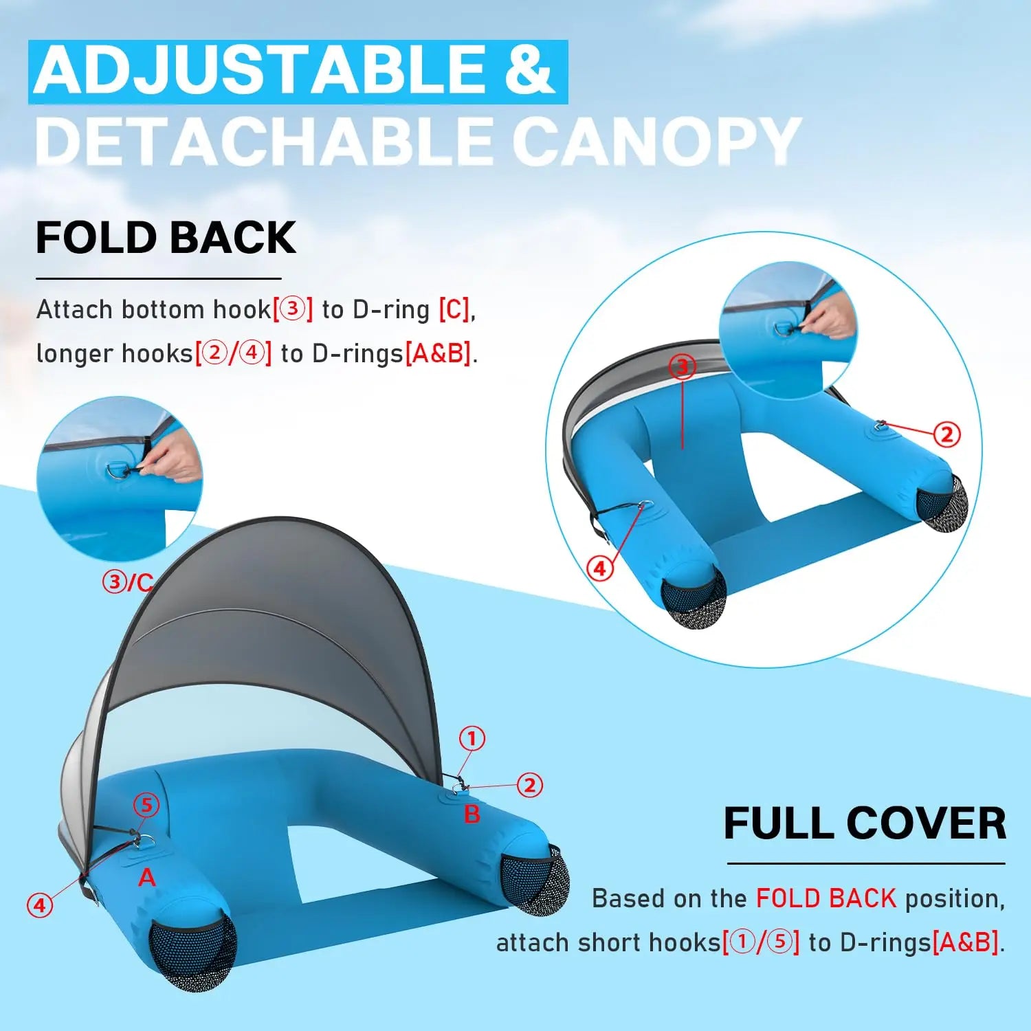 Adult Inflatable Pool Floats Chair with UPF50+ & Vented Canopy, 2 Drink Holders, Deepened Seat, Adjustable Sun, Customized