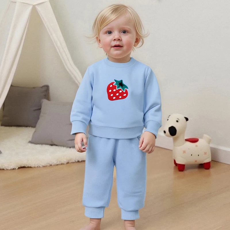 Cute Toddler Girl Autumn Ensemble Adorable Strawberry Embroidered Crew Neck Sweatshirt with Matching Long Pants 2-Piece Set - Firu Total Sales