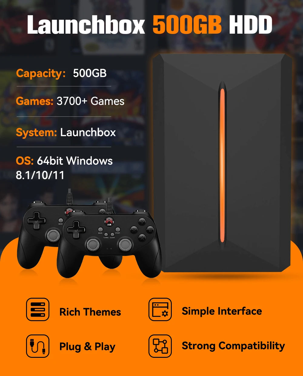 JMachen Disco Duro Gaming 500GB Launchbox | 3,760+ Juegos | 14 Emuladores | PS4/PS3/PS2/Wii/N64 | PC - Firu Total Sales