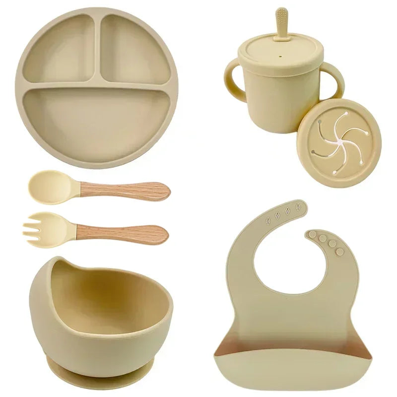 Set de Vajilla de Silicona para Bebé | Bol, Plato, Vaso, Cuchara y Tenedor 🍼