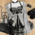 Sweet Lolita Early Autumn Three Piece Set Lace up Ruffles Cardigan Sexy Slim Fit Strapless Vest Tops High Waist Ruched Skirts