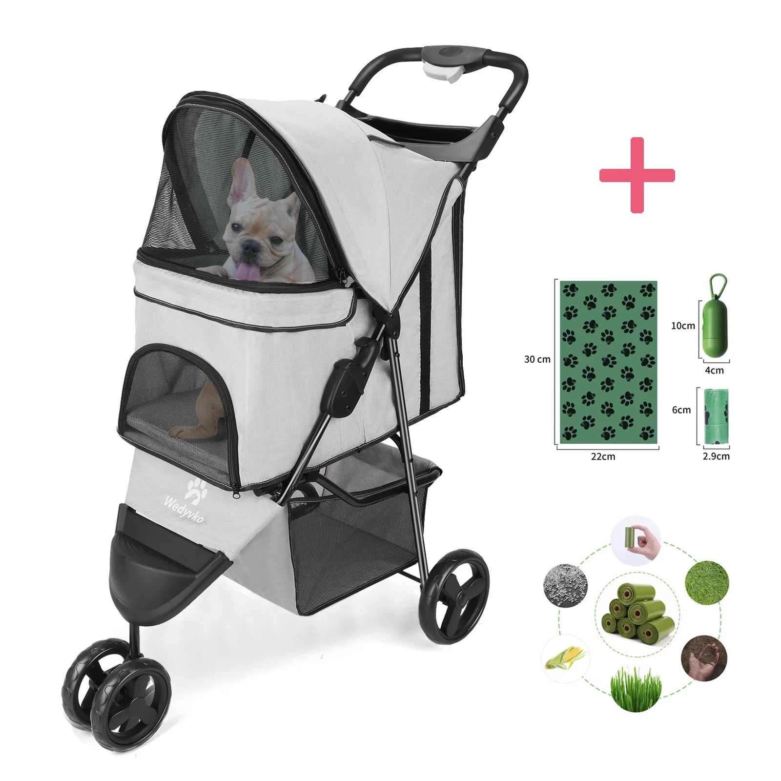 carreola para mascotas perro 3 Wheel Foldable Cat Dog Stroller with Storage Basket, Handle 360° Pet Dog Stroller