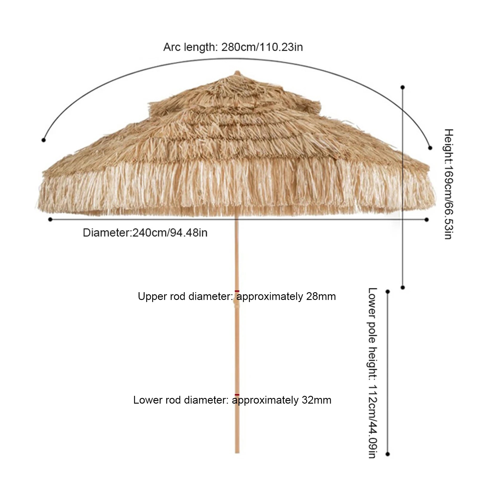 9ft Hawaiian Style Tiki Parasol with 8 Ribs Outdoor Thatched Tiki Umbrella UPF 50+ UV Protection for Market Terrace Restaurant