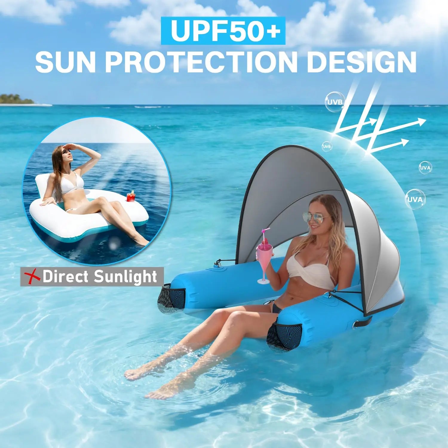 Adult Inflatable Pool Floats Chair with UPF50+ & Vented Canopy, 2 Drink Holders, Deepened Seat, Adjustable Sun, Customized