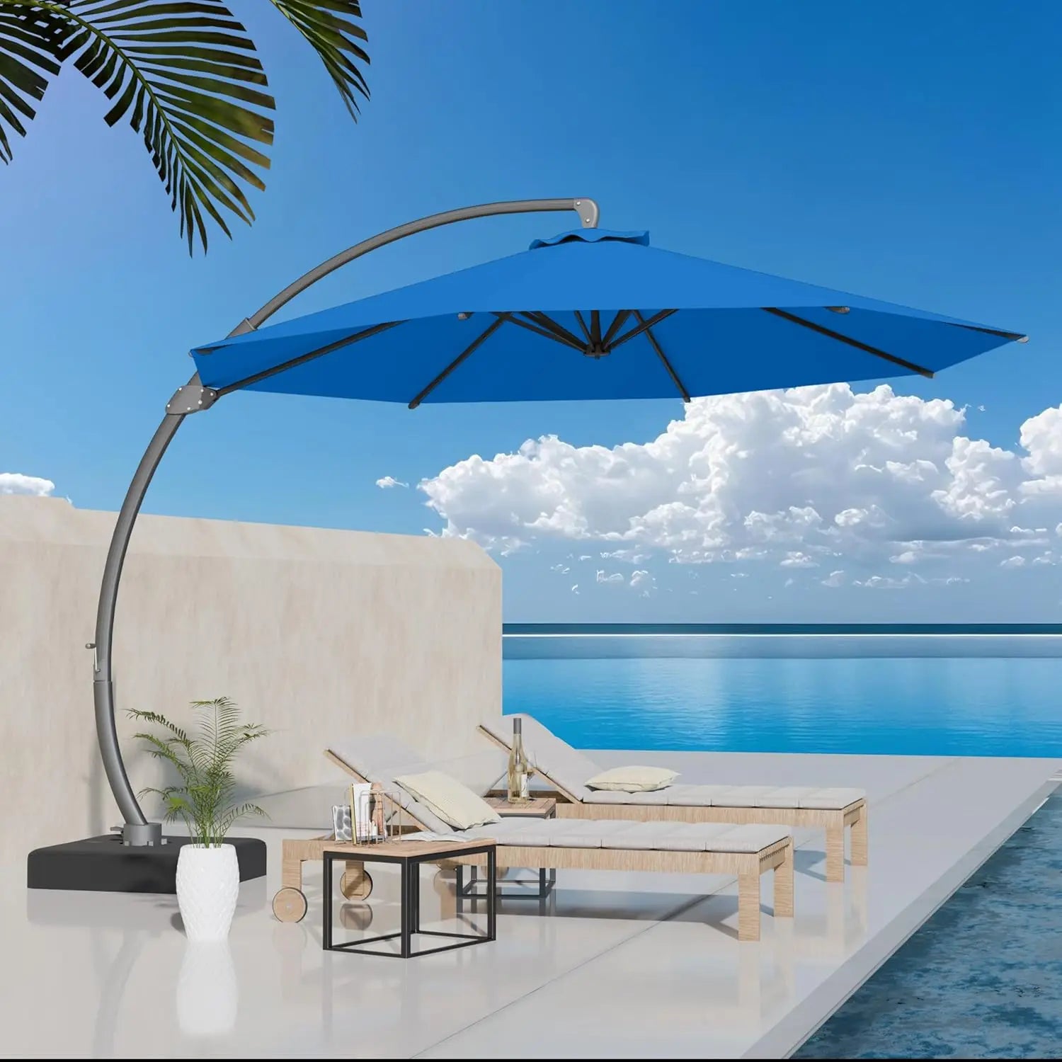 11ft round Aluminum Patio Umbrella with Base - Offset Cantilever Design 360° Rotating Customizable Large Outdoor Shade Umbrella