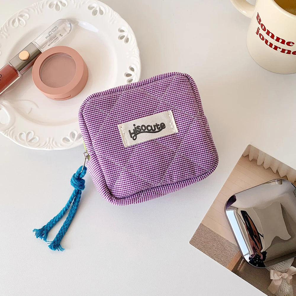 Ins Style Plaid Mini Coin Purse Portable Cosmetic Storage Bag Lady's Lipstick Bag and Card Holder Kawaii Tofu Pillow Bag