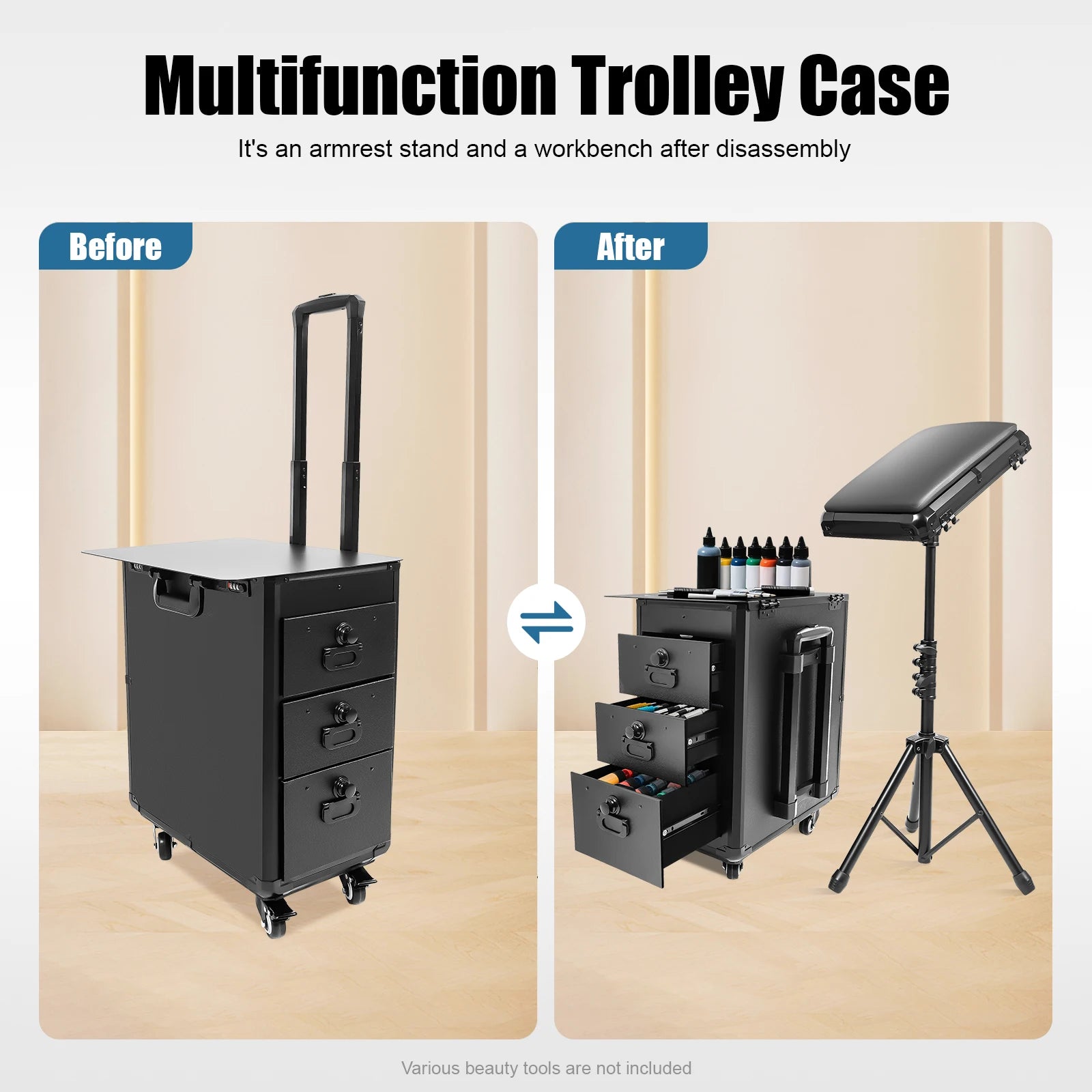 Tattoo Suitcase Mobile Tattoo Trolley Case Rolling Makeup Train Case W/ 3 Drawers for Nail Art Embroidery Hairdressing