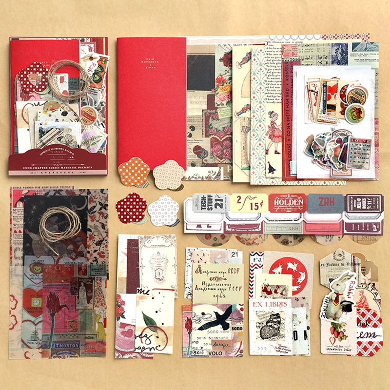 Retro scrapbook supplies, aesthetic diary tool kit, material paper set, simple Instagram style background, handmade DIY material