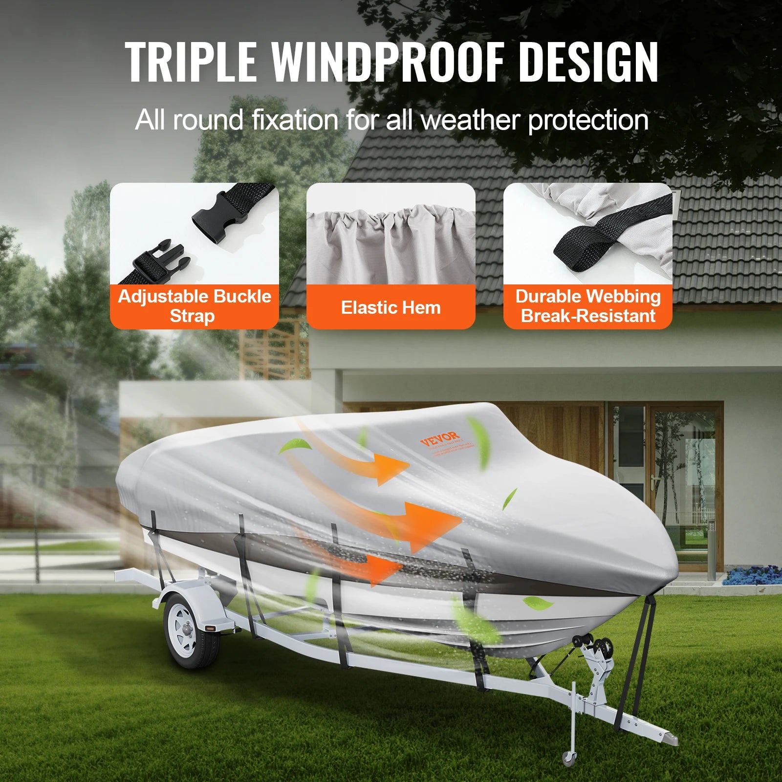 SucceBuy Boat Cover Trailerable Waterproof with Motor Cover Buckle Straps for V-Hull Tri-Hull Fish Ski Boat Runabout Bass Boat