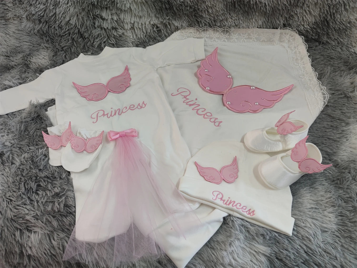 Customized Name Newborn Baby Boss Embroidery Lace Romper Outfit Infant Wrapped Baby Products Pants Mittens Receiving Blanket