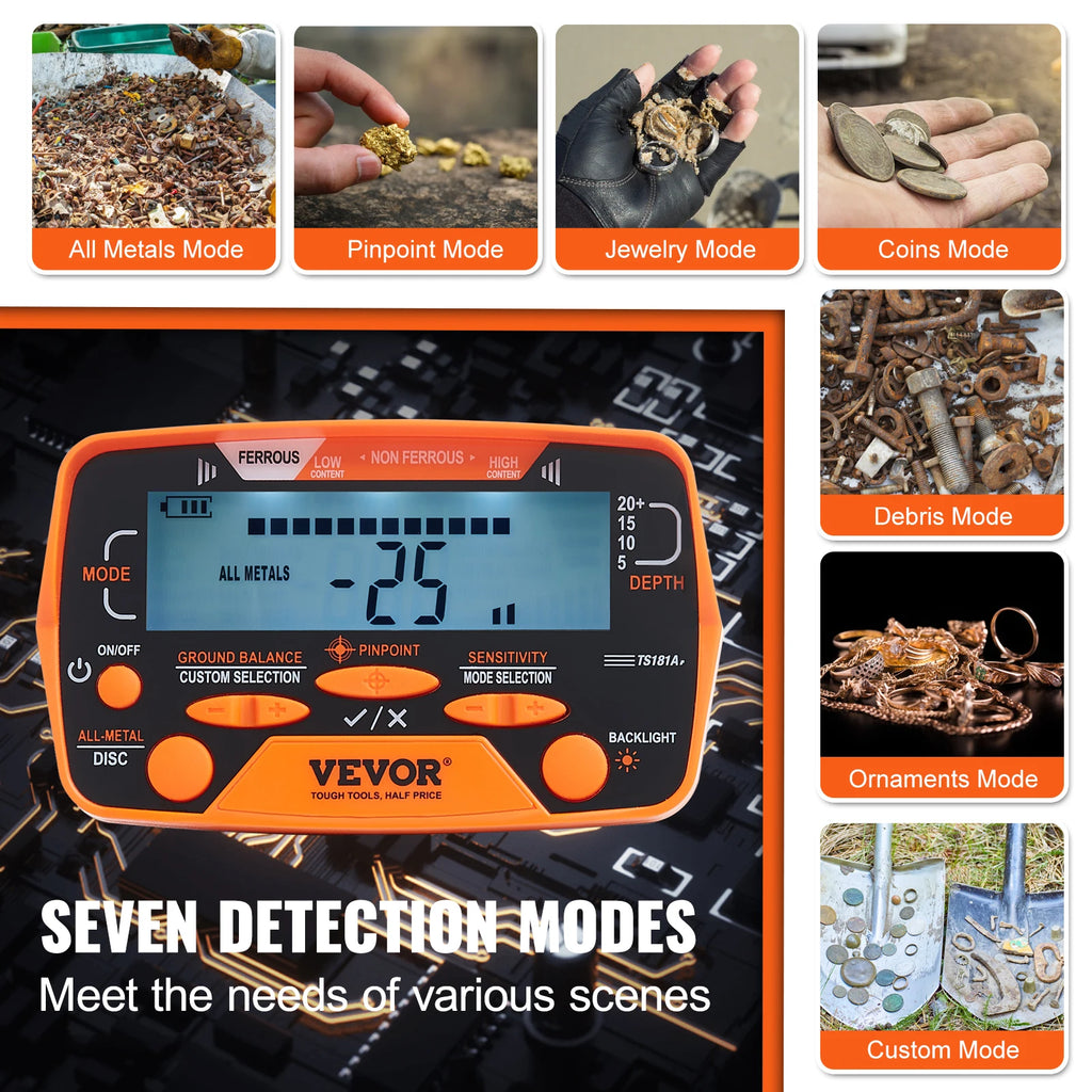 VEVOR Detector de Metales TS181A | Bobina 10" IP68 | Pantalla LCD | 7 Modos | Barra Aluminio 41-52" | Adultos y Niños - Firu Total Sales