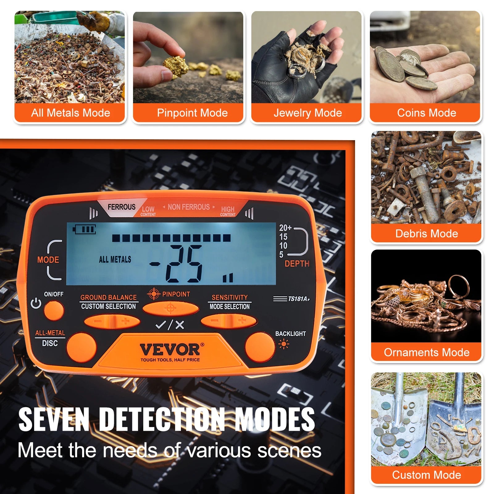 VEVOR Detector de Metales TS181A | Bobina 10" IP68 | Pantalla LCD | 7 Modos | Barra Aluminio 41-52" | Adultos y Niños - Firu Total Sales