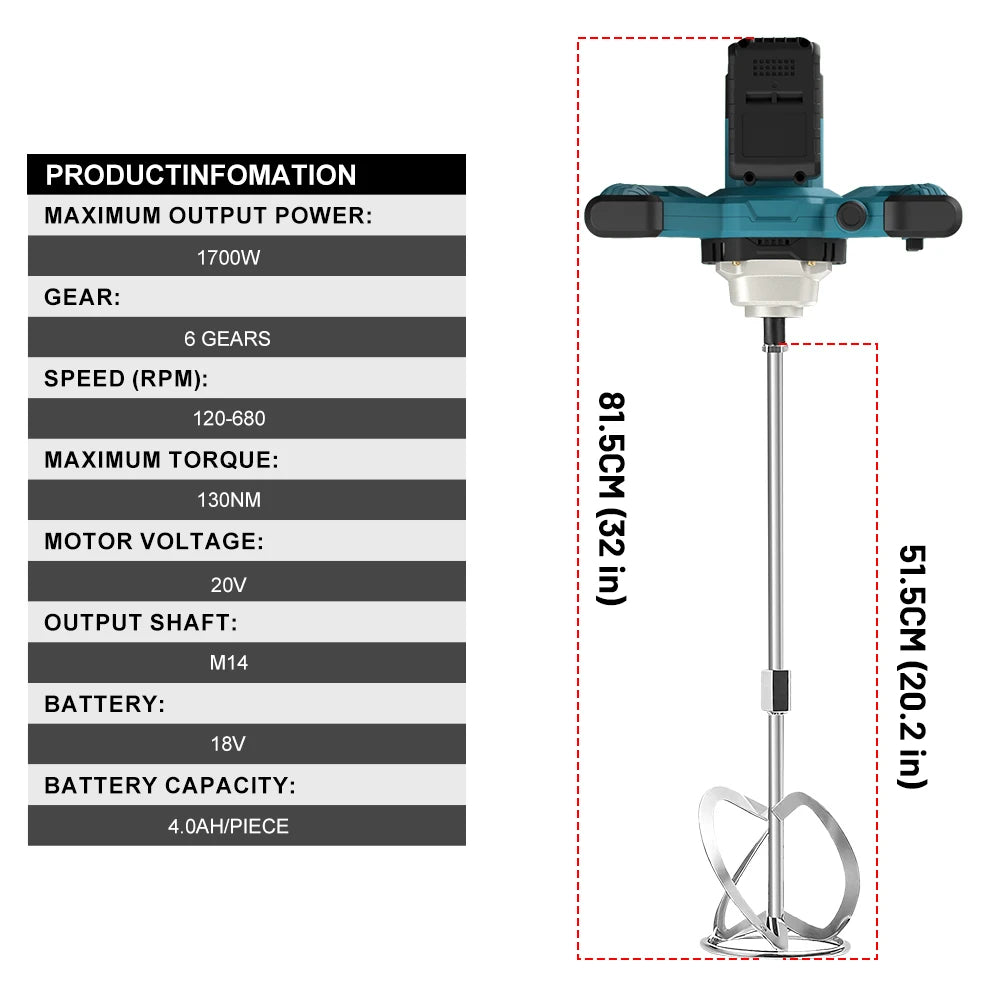 6 Speed Brushless Electric Concrete Mixer Paddle Mix Cordless Cement Mortar Plaster Blender Paint Mix Rod For makita 18v battery