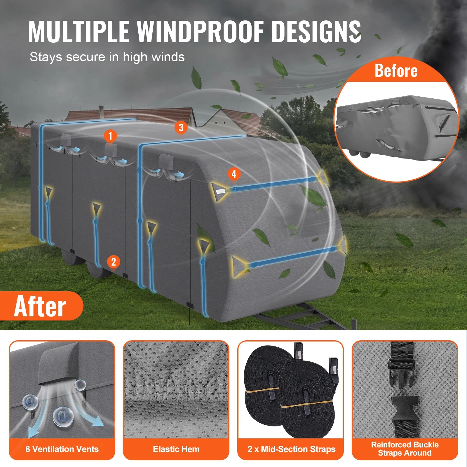 VEVOR Travel Trailer Cover 18-40FT RV Cover 4-Layer Non-Woven Fabric Camper Cover Waterproof Windproof Rip-Stop Class A RV Cover