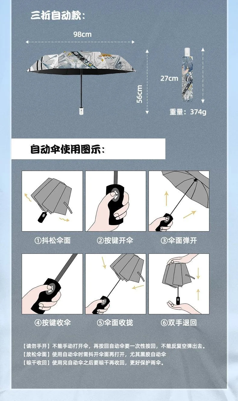 White Blue Honkai: Star Rail Anime popular Cosplay,Windproof Anti-UV,Automatic Rain Compact Umbrella for Woman Girl kids child