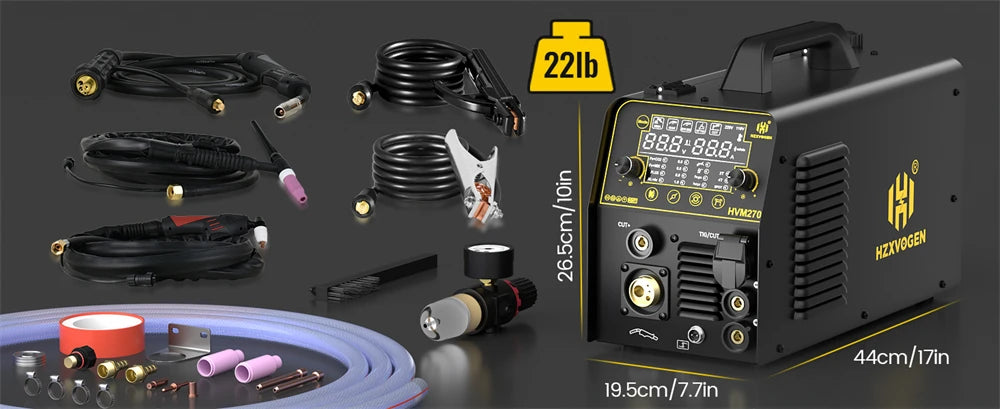 HZXVOGEN HVM270 6 in 1 Aluminum Welding Machine Cut/Gas MIG/Gasless MIG/HF TIG/MMA Digital Screen 2/4T Inverter Welder Stainless