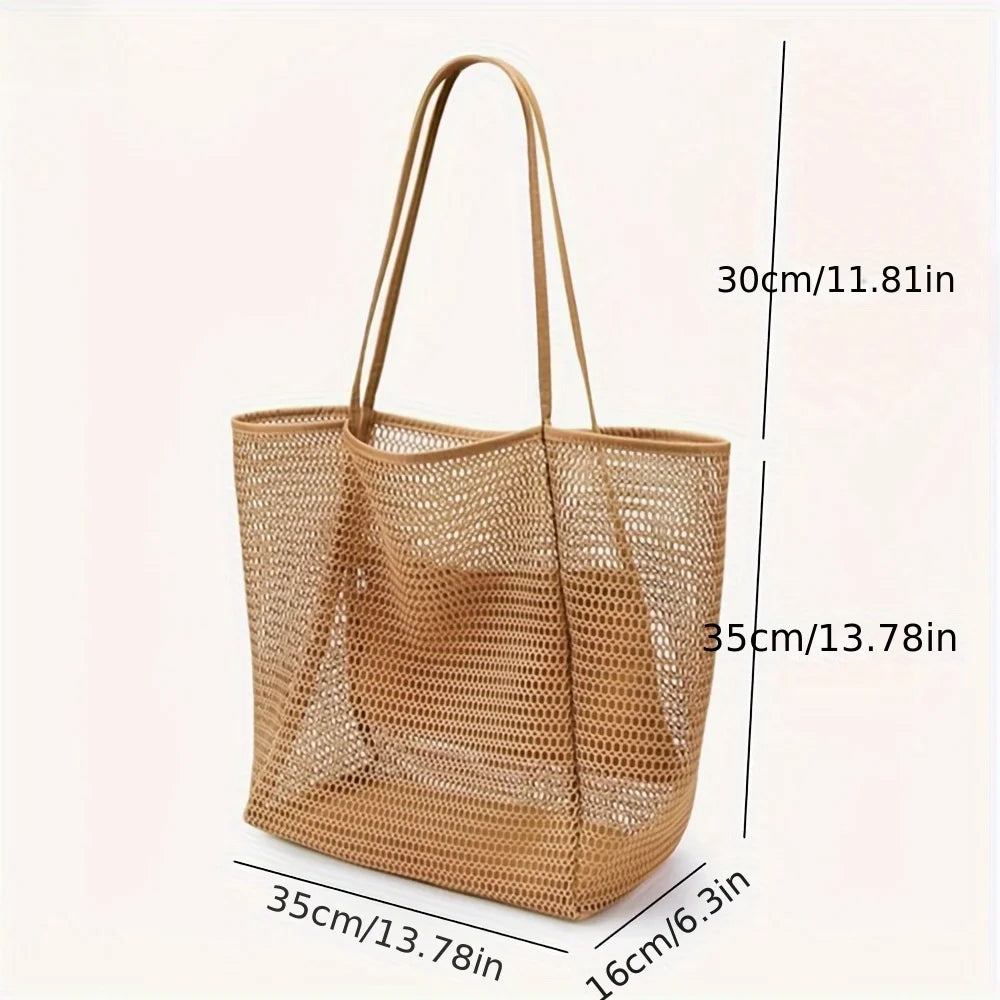 Women's Large Capacity Beach Tote Bag - Durable Polyester Woven Shoulder Bag with Open Top for Travel, Shopping handbags